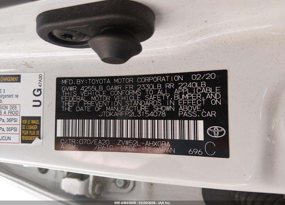 2020 TOYOTA PRIUS PRIME LIMITED VIN: JTDKARFP2L3154078