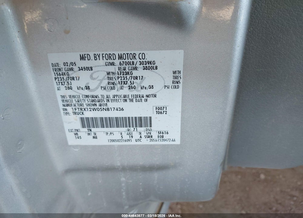 2005 FORD F-150 STX/XL/XLT VIN: 1FTRX12W05NB17436