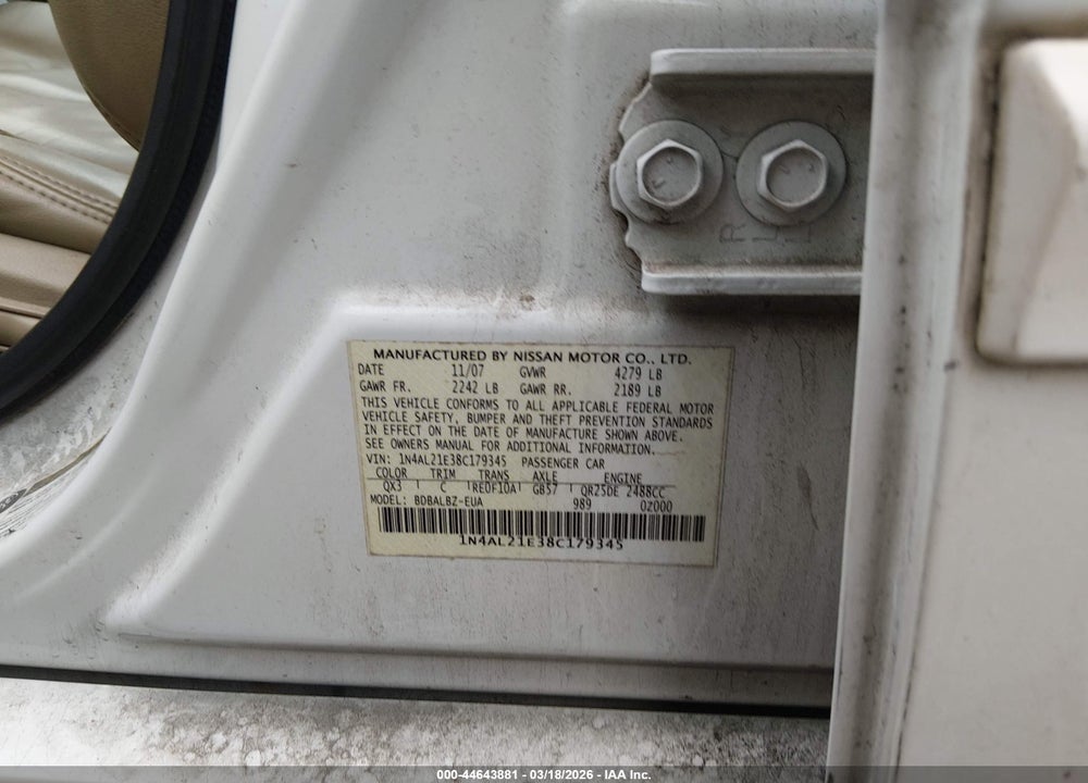 2008 NISSAN ALTIMA 2.5 S VIN: 1N4AL21E38C179345