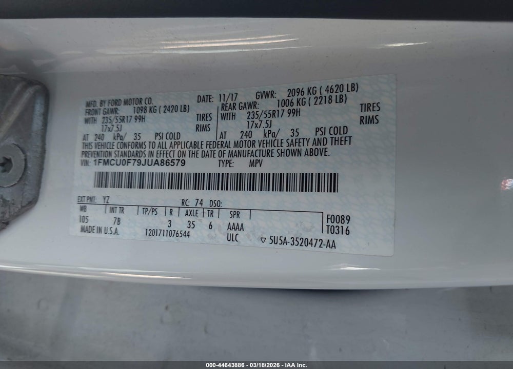 2018 FORD ESCAPE S VIN: 1FMCU0F79JUA86579