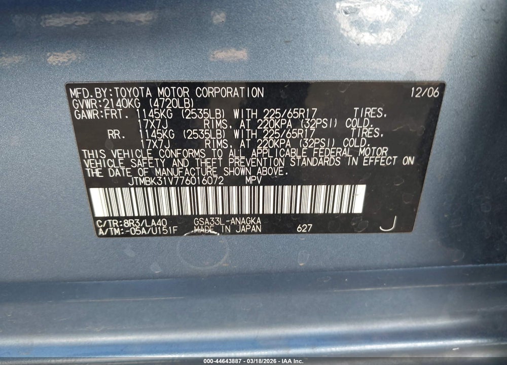 2007 TOYOTA RAV4 LIMITED V6 VIN: JTMBK31V776016072