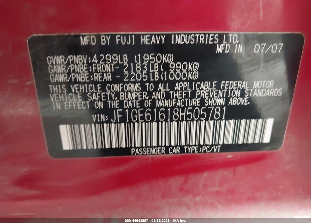2008 SUBARU IMPREZA 2.5I VIN: JF1GE61618H505781