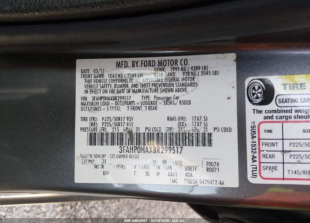 2011 FORD FUSION SE VIN: 3FAHP0HAXBR299517
