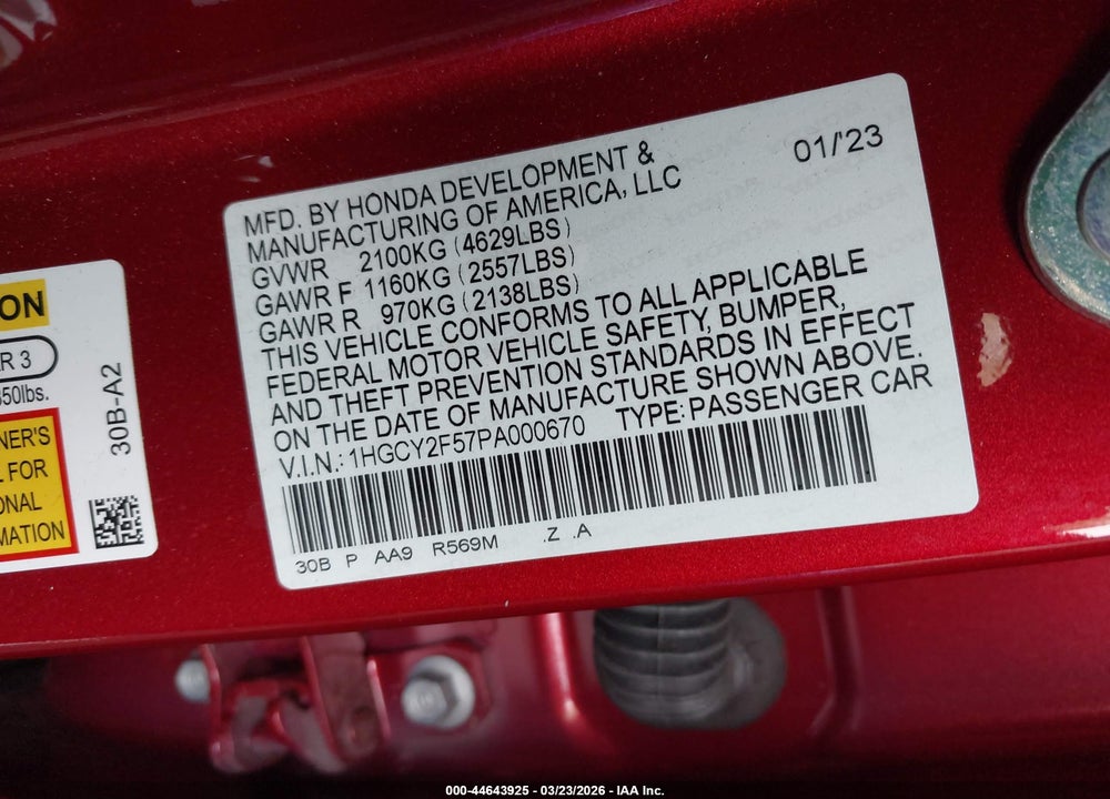 2023 HONDA ACCORD HYBRID SPORT VIN: 1HGCY2F57PA000670
