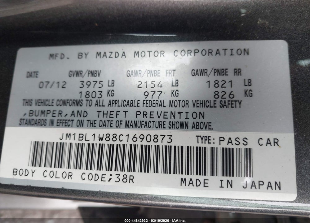 2012 MAZDA 3 I GRAND TOURING VIN: JM1BL1W88C1690873