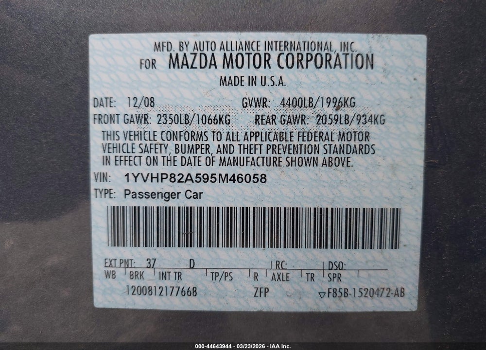 2009 MAZDA 6 I TOURING VIN: 1YVHP82A595M46058