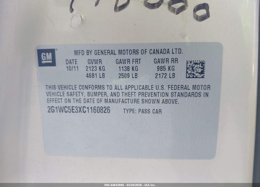 2012 CHEVROLET IMPALA LTZ VIN: 2G1WC5E3XC1160826
