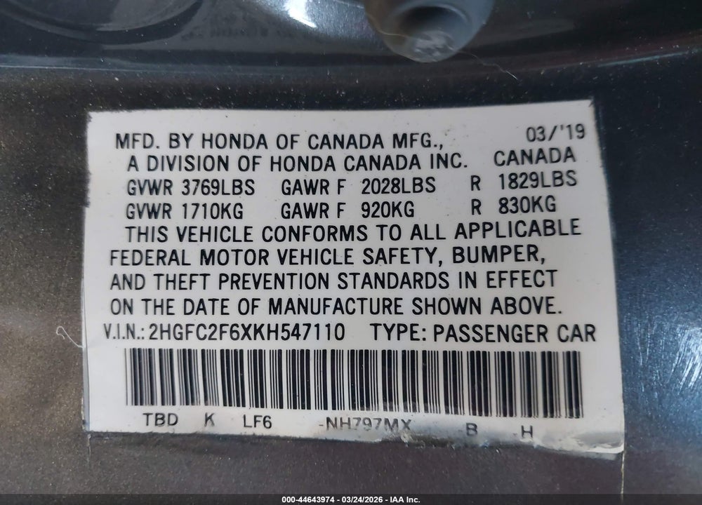 2019 HONDA CIVIC LX VIN: 2HGFC2F6XKH547110