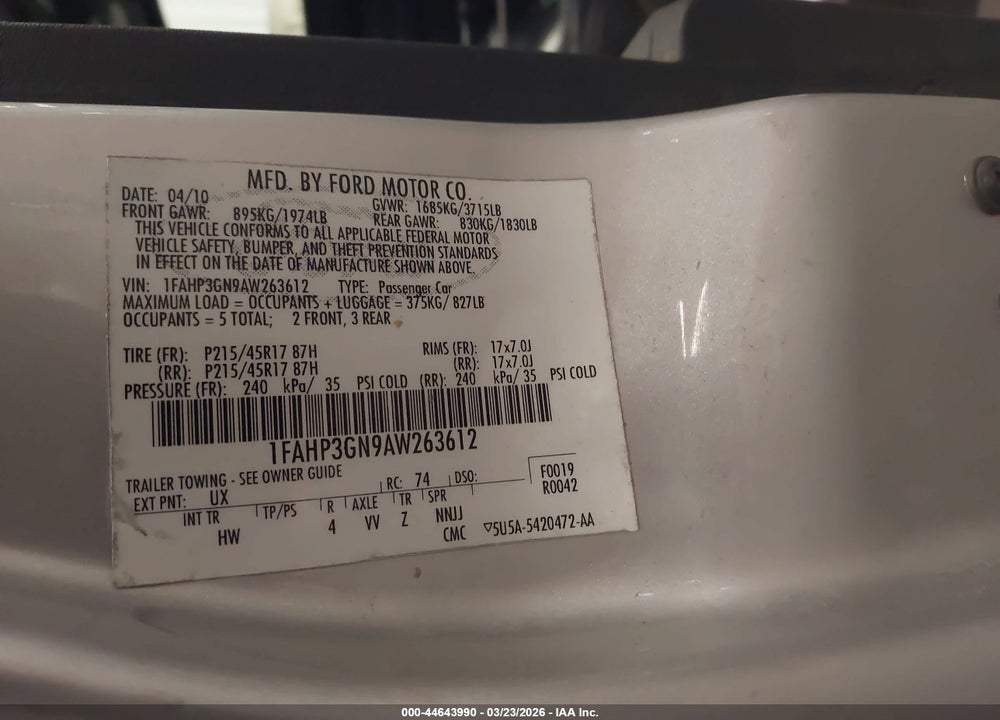 2010 FORD FOCUS SES VIN: 1FAHP3GN9AW263612