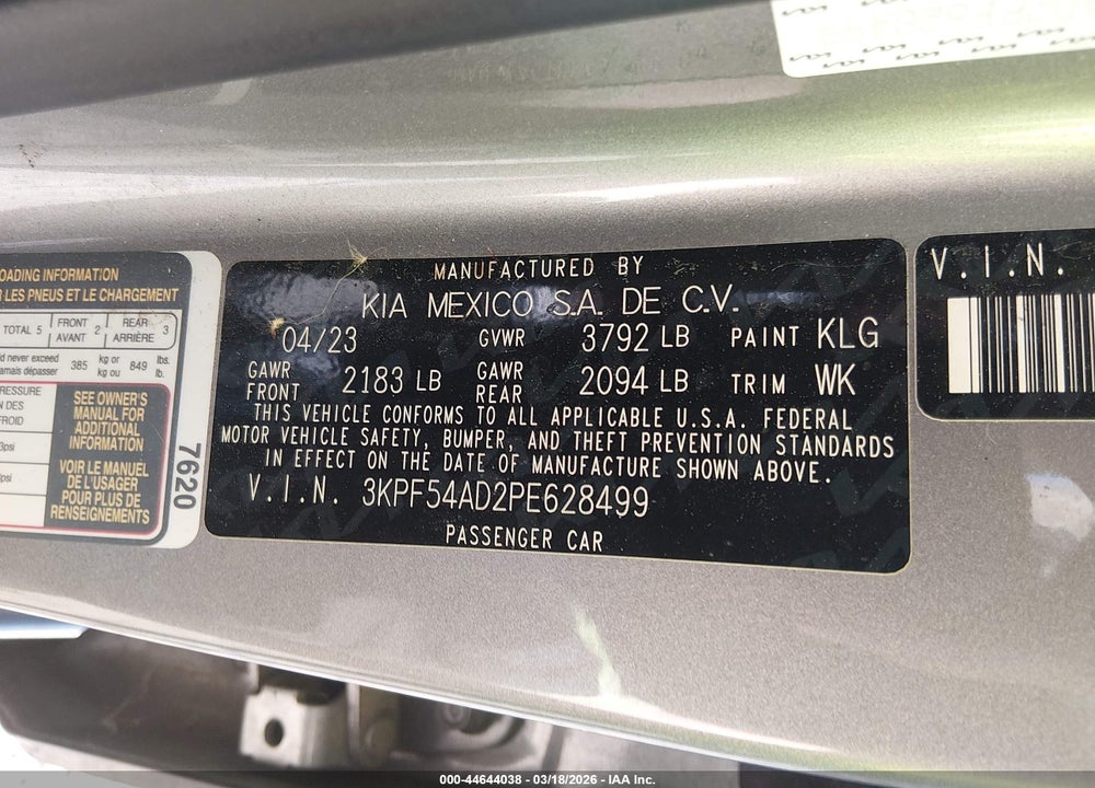 2023 KIA FORTE GT-LINE VIN: 3KPF54AD2PE628499