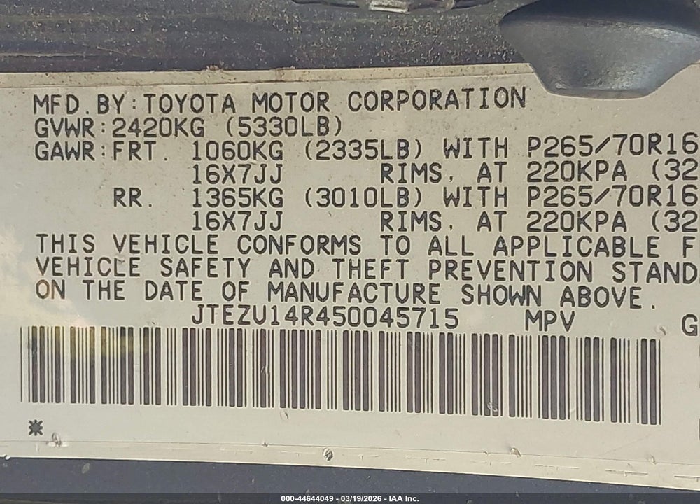 2005 TOYOTA 4RUNNER SR5 V6 VIN: JTEZU14R450045715