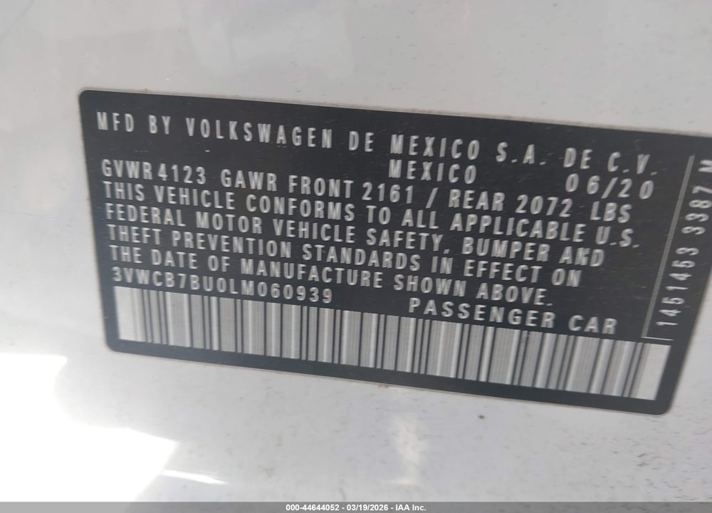 2020 VOLKSWAGEN JETTA 1.4T R-LINE/1.4T S/1.4T SE VIN: 3VWCB7BU0LM060939