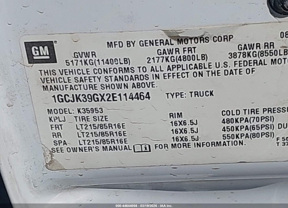2002 CHEVROLET SILVERADO 3500 LS VIN: 1GCJK39GX2E114464