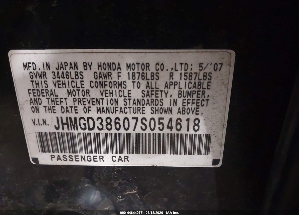 2007 HONDA FIT SPORT VIN: JHMGD38607S054618