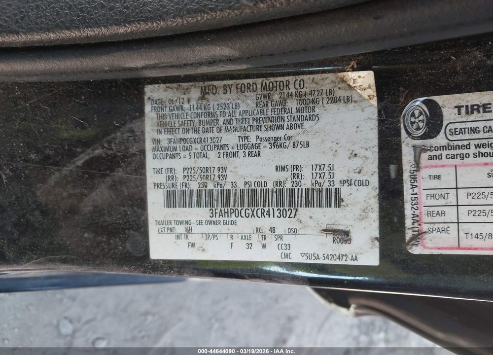 2012 FORD FUSION SEL VIN: 3FAHP0CGXCR413027