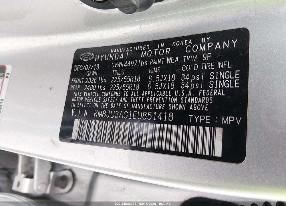 2014 HYUNDAI TUCSON LIMITED VIN: KM8JU3AG1EU851418