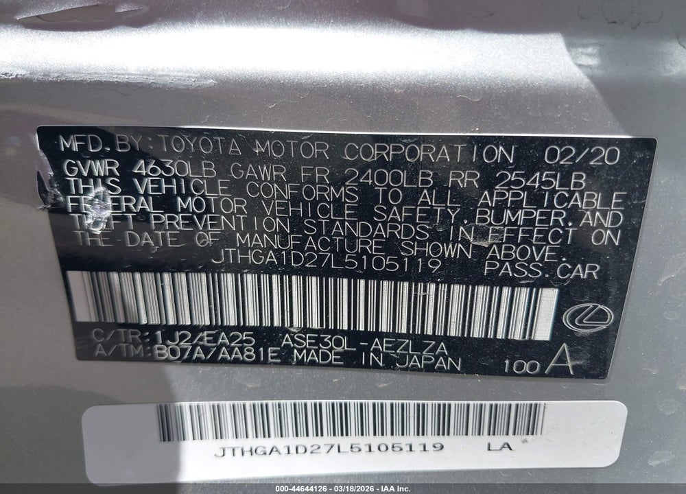 2020 LEXUS IS 300 VIN: JTHGA1D27L5105119