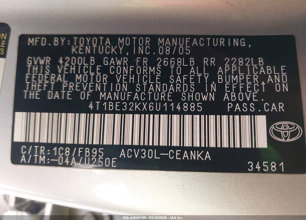 2006 TOYOTA CAMRY LE/XLE/SE VIN: 4T1BE32KX6U114885