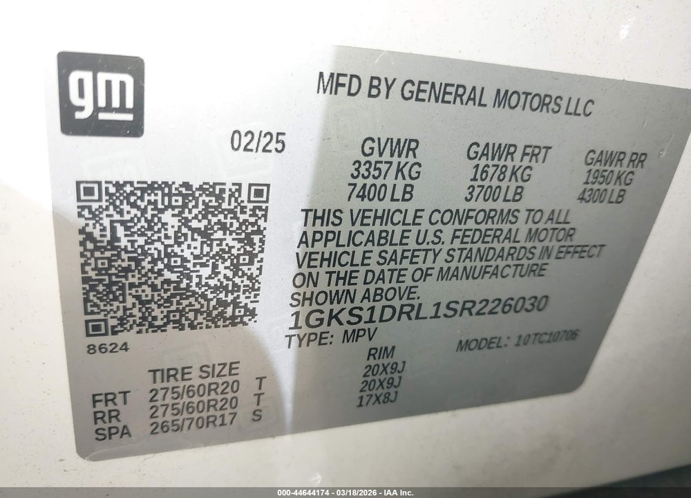 2025 GMC YUKON 2WD DENALI VIN: 1GKS1DRL1SR226030