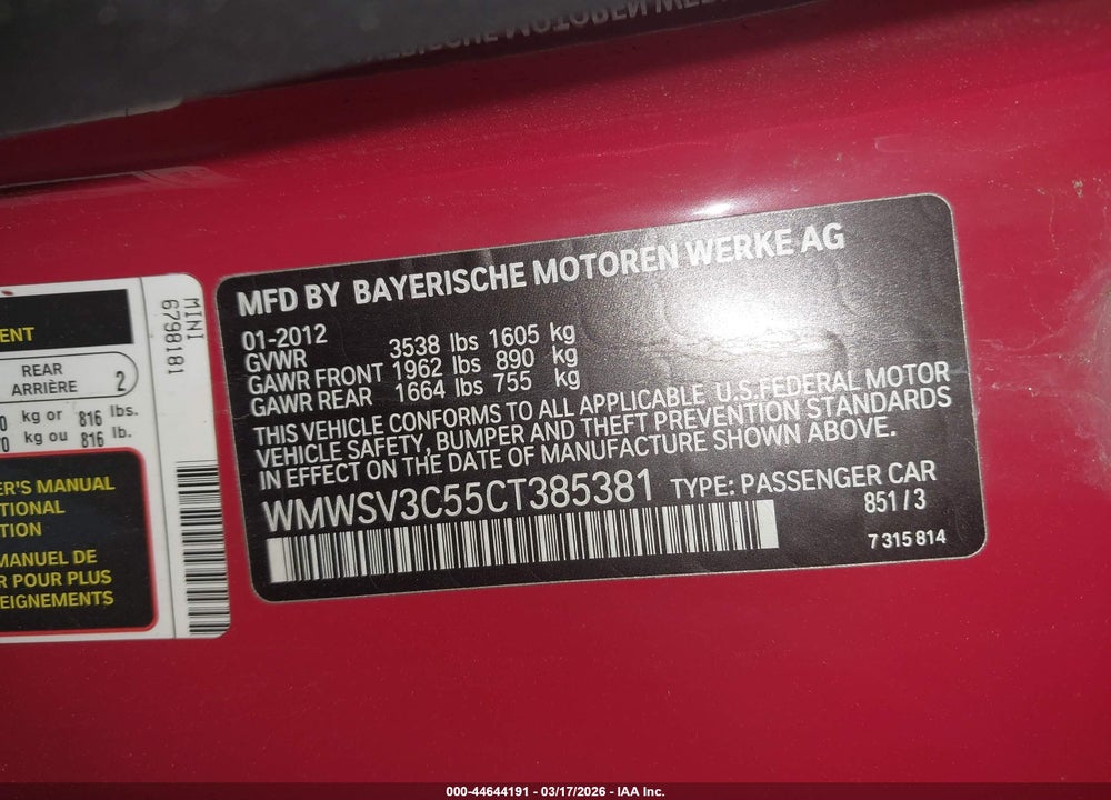 2012 MINI COOPER S VIN: WMWSV3C55CT385381