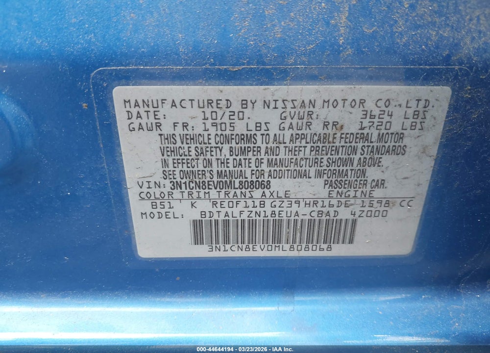 2021 NISSAN VERSA SV XTRONIC CVT VIN: 3N1CN8EV0ML808068