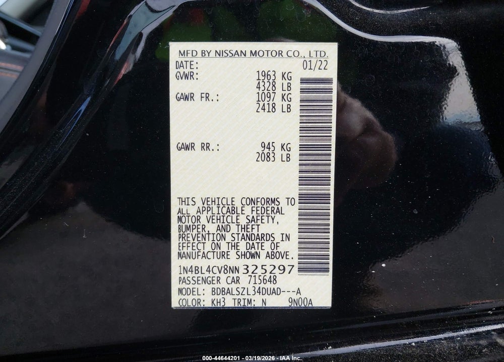 2022 NISSAN ALTIMA SR FWD VIN: 1N4BL4CV8NN325297