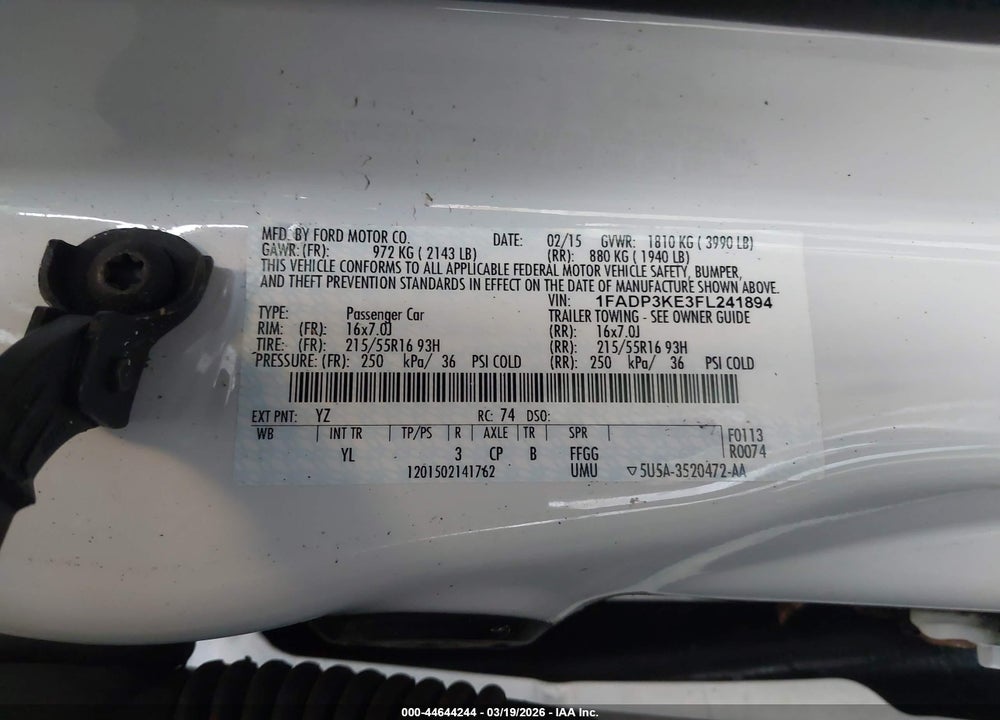2015 FORD FOCUS SE VIN: 1FADP3KE3FL241894