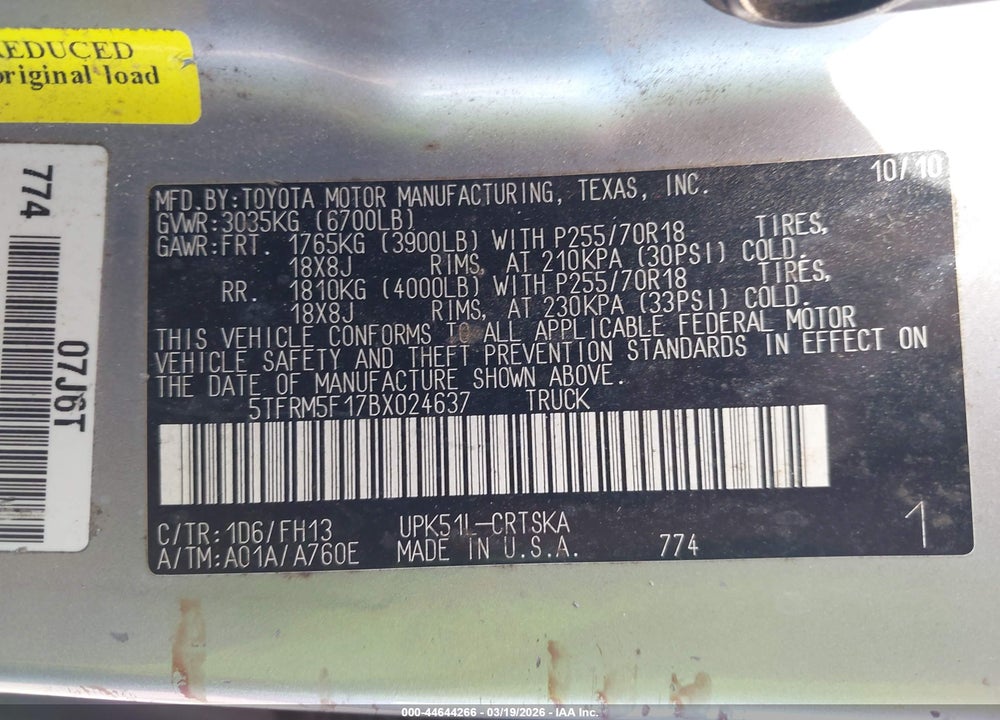 2011 TOYOTA TUNDRA GRADE 4.6L V8 VIN: 5TFRM5F17BX024637