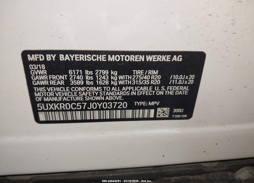 2018 BMW X5 XDRIVE35I VIN: 5UXKR0C57J0Y03720