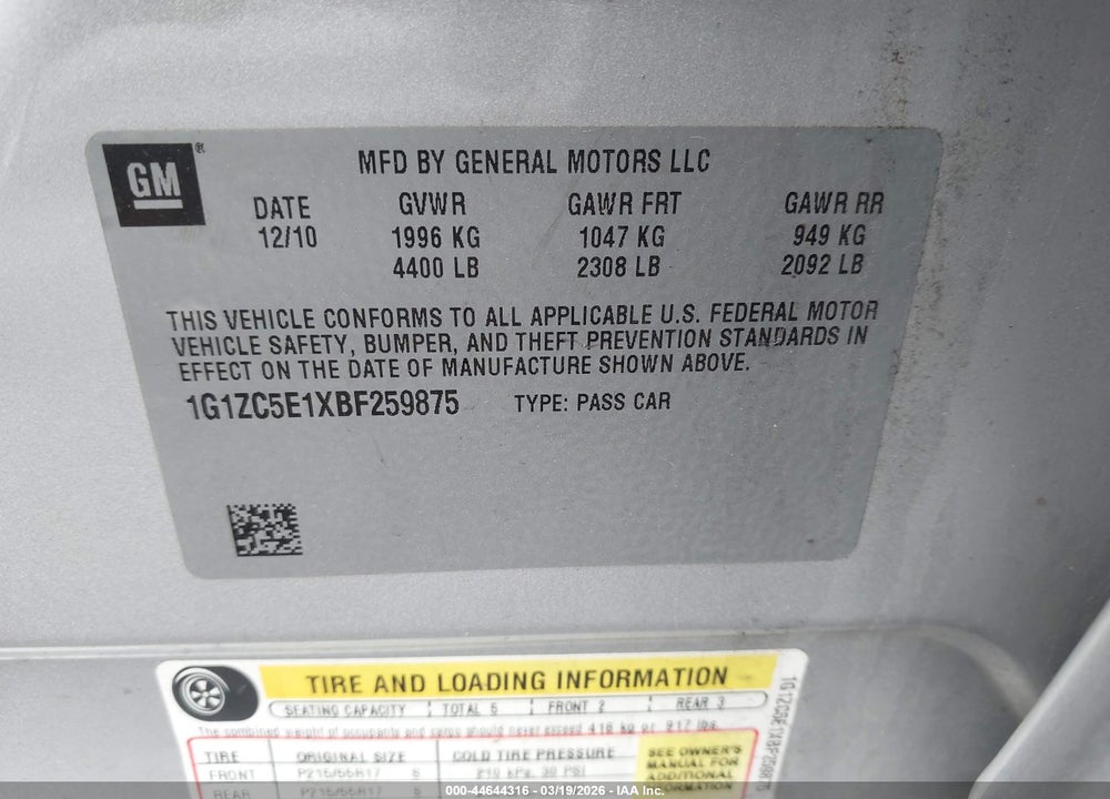 2011 CHEVROLET MALIBU 1LT VIN: 1G1ZC5E1XBF259875
