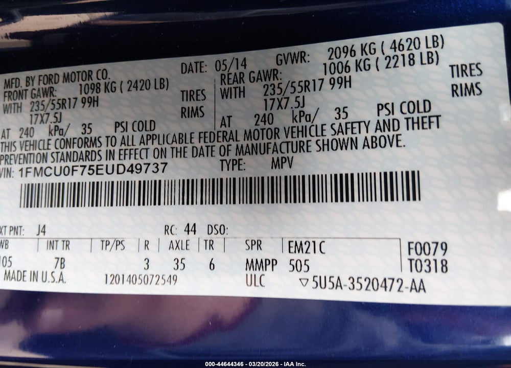 2014 FORD ESCAPE S VIN: 1FMCU0F75EUD49737