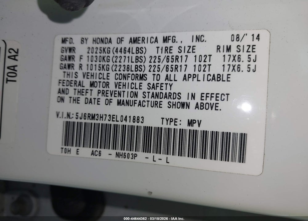 2014 HONDA CR-V EX-L VIN: 5J6RM3H73EL041883