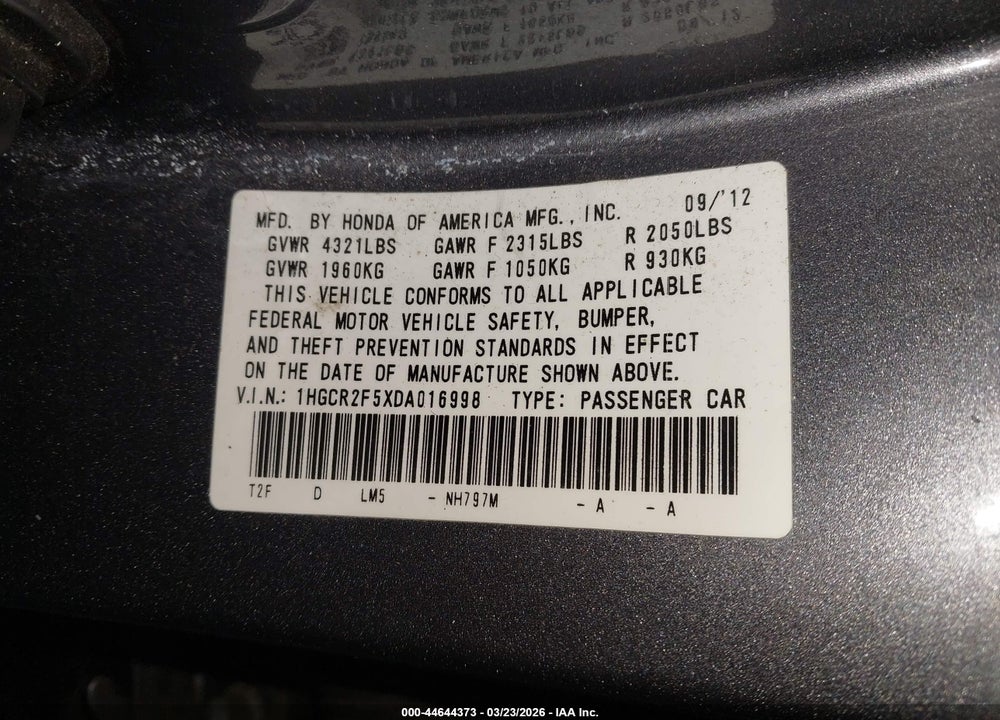 2013 HONDA ACCORD SPORT VIN: 1HGCR2F5XDA016998