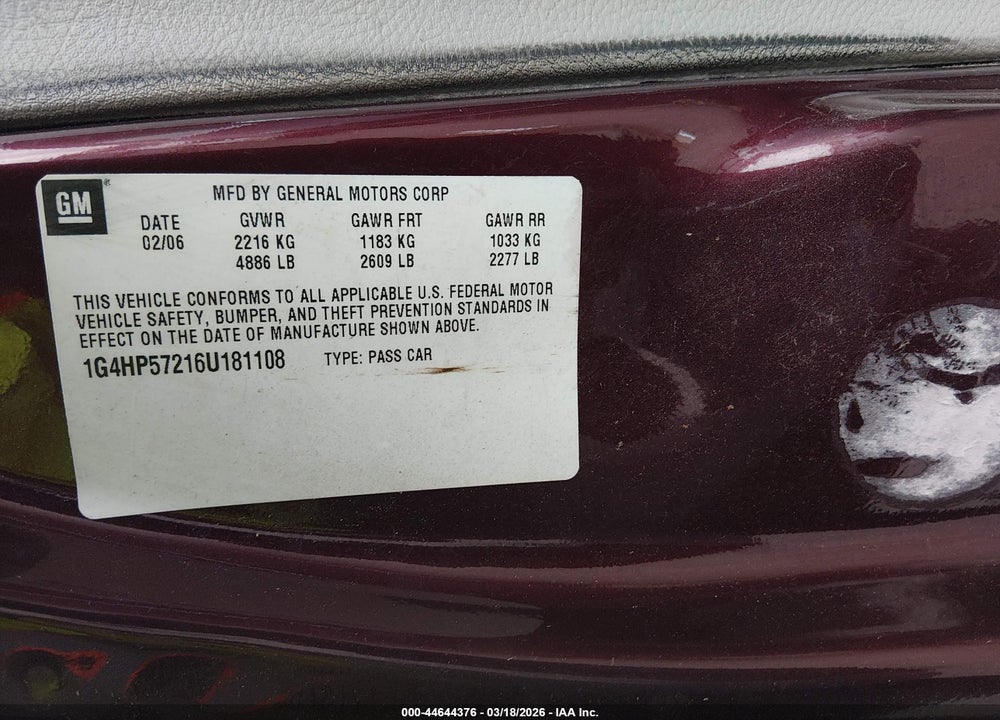 2006 BUICK LUCERNE CX VIN: 1G4HP57216U181108