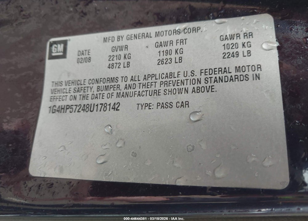 2008 BUICK LUCERNE CX VIN: 1G4HP57248U178142