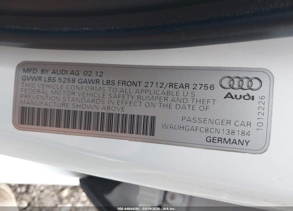 2012 AUDI A6 3.0 PREMIUM VIN: WAUHGAFC8CN138184