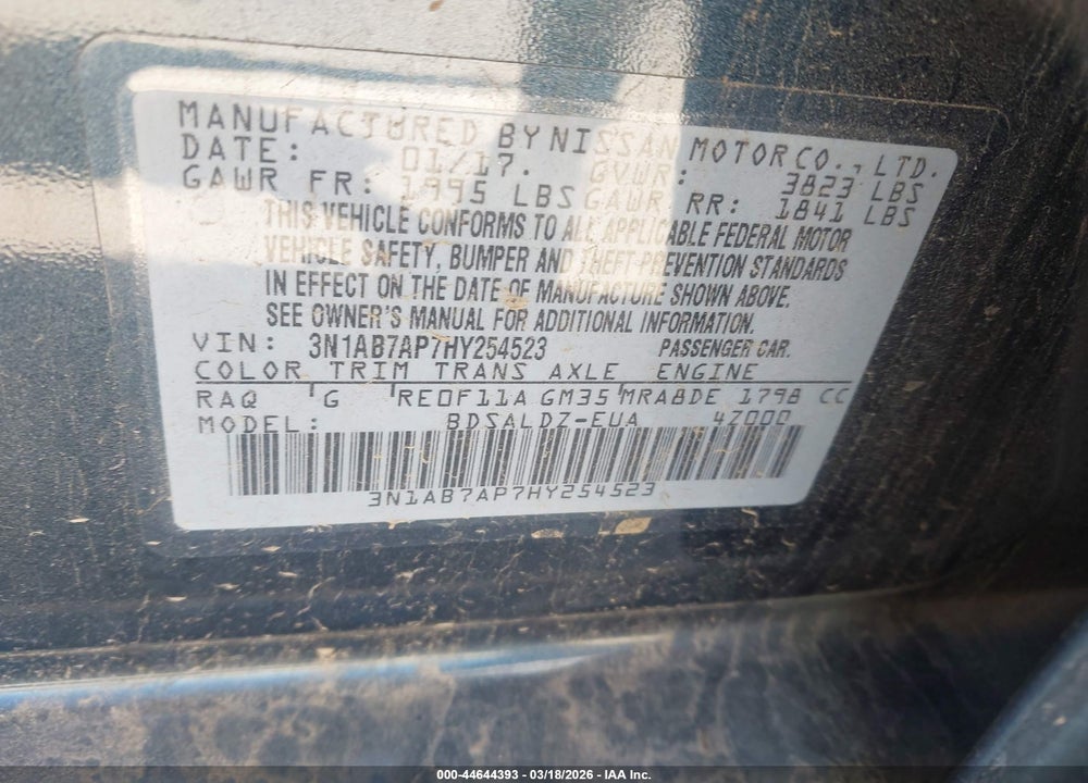 2017 NISSAN SENTRA SV VIN: 3N1AB7AP7HY254523