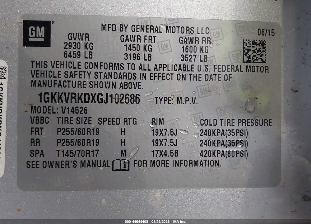 2016 CADI GMC AA SLT-1 VIN: 1GKKVRKDXGJ102686