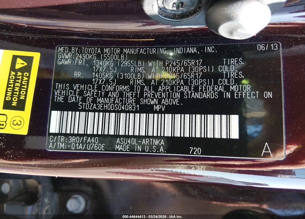 2013 TOYOTA HIGHLANDER BASE PLUS VIN: 5TDZA3EH0DS040831