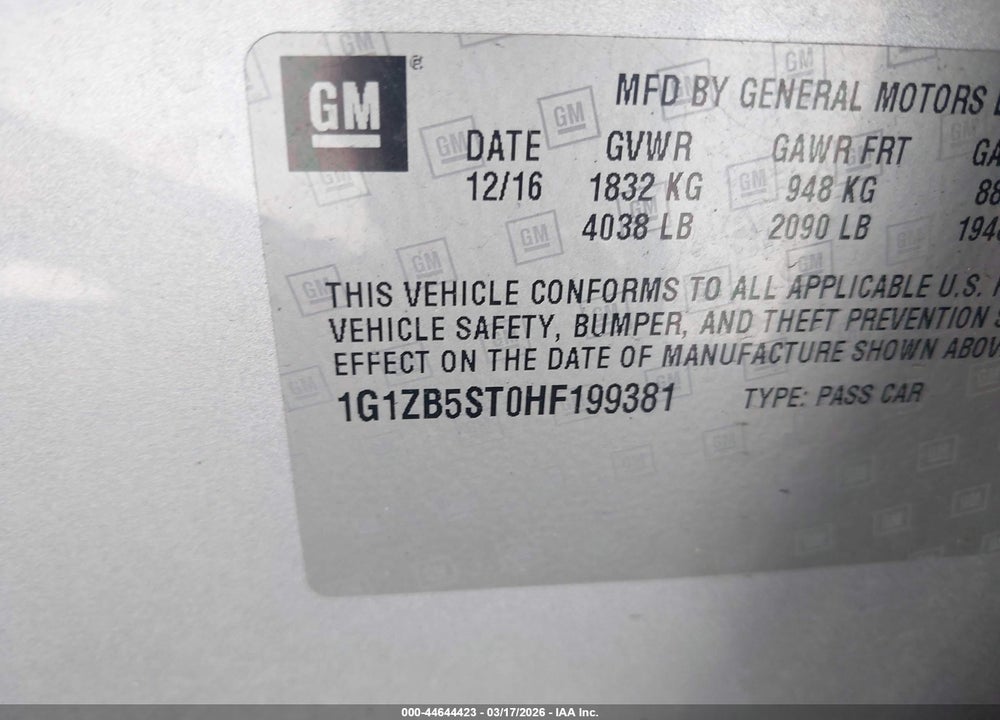 2017 CHEVROLET MALIBU LS VIN: 1G1ZB5ST0HF199381