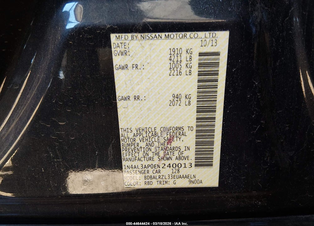 2014 NISSAN ALTIMA 2.5 S VIN: 1N4AL3AP0EN240013