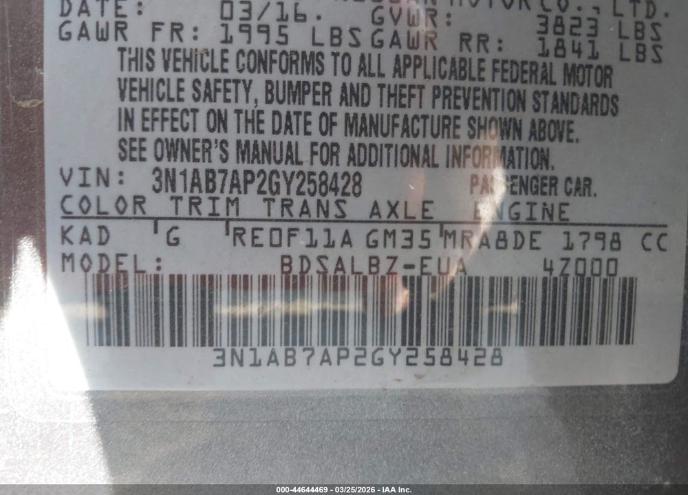 2016 NISSAN SENTRA S VIN: 3N1AB7AP2GY258428