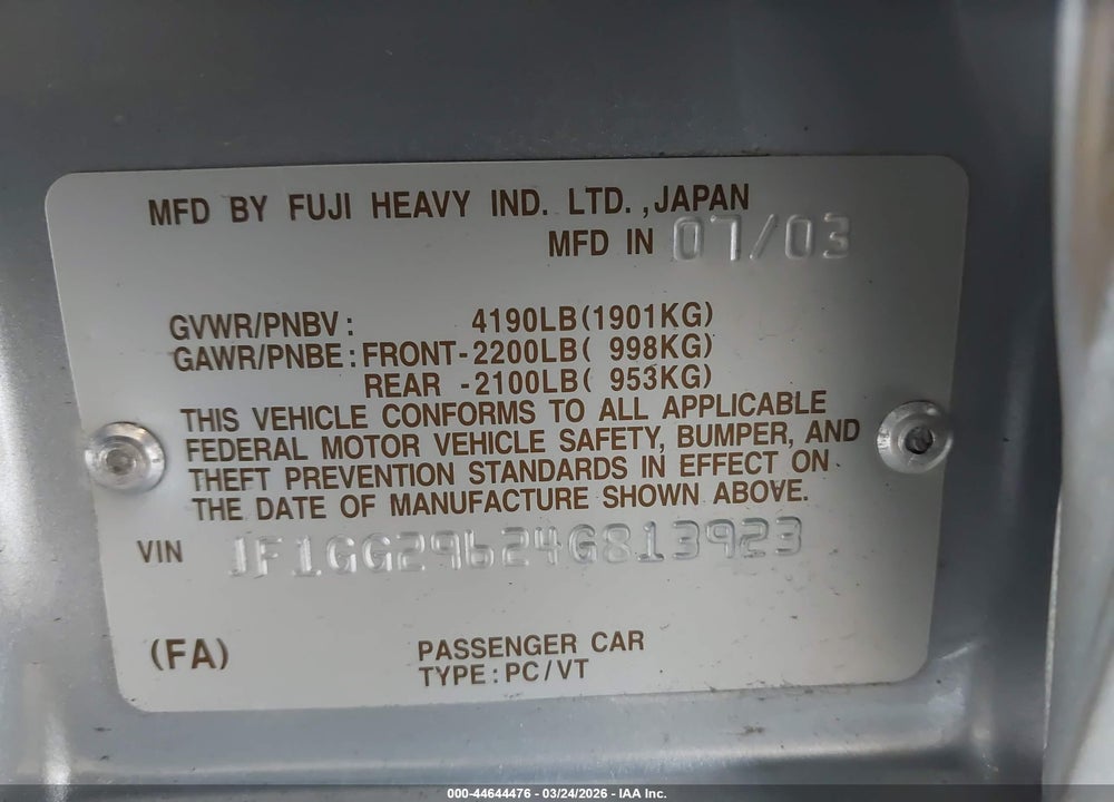 2004 SUBARU IMPREZA WRX VIN: JF1GG29624G813923