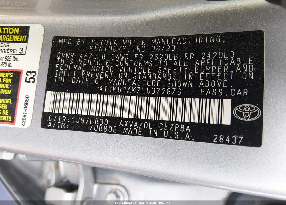2020 TOYOTA CAMRY XSE VIN: 4T1K61AK7LU372876