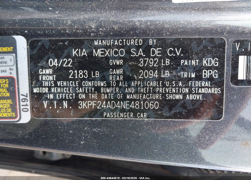 2022 KIA FORTE LXS VIN: 3KPF24AD4NE481060