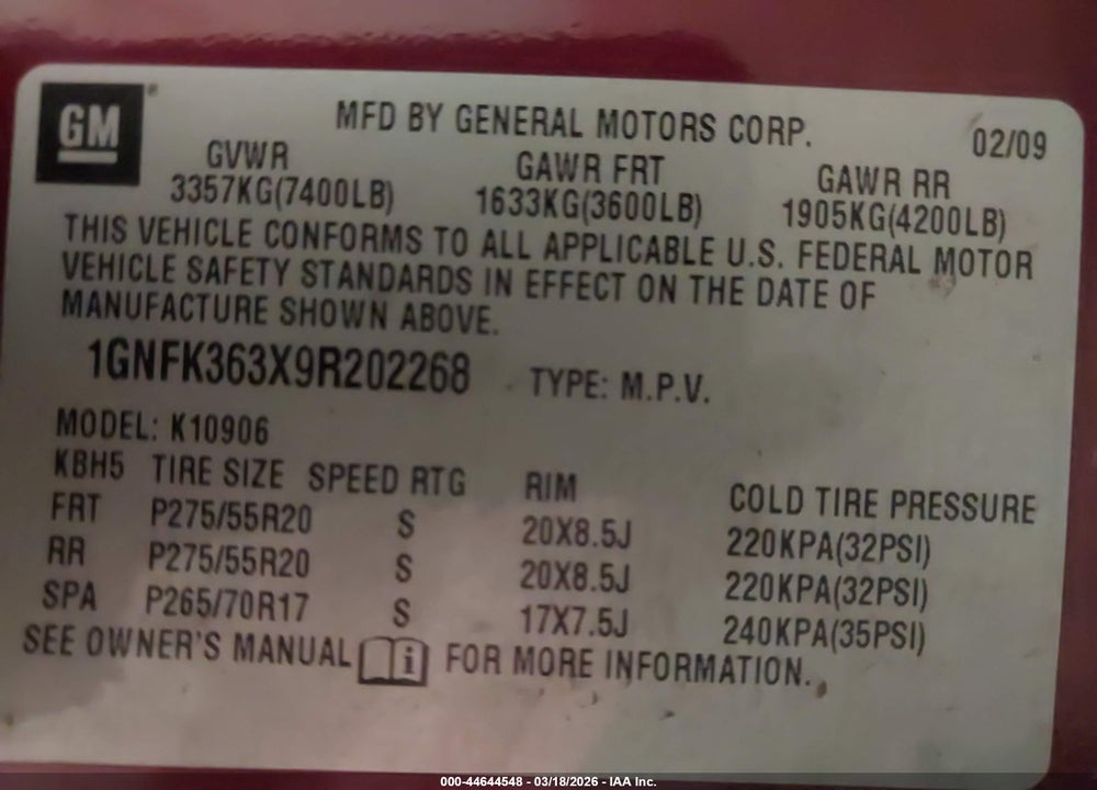 2009 CHEVROLET SUBURBAN 1500 LTZ VIN: 1GNFK363X9R202268