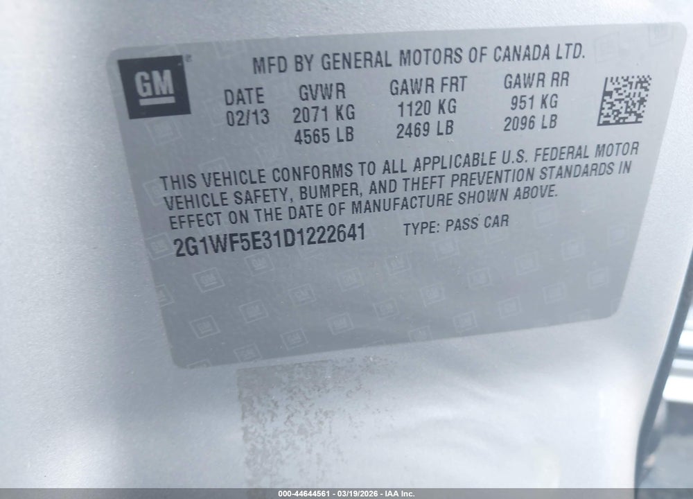 2013 CHEVROLET IMPALA LS VIN: 2G1WF5E31D1222641