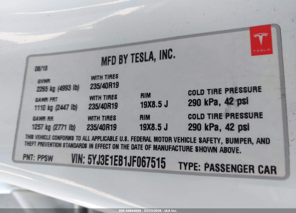 2018 TESLA MODEL 3 LONG RANGE/PERFORMANCE VIN: 5YJ3E1EB1JF067515