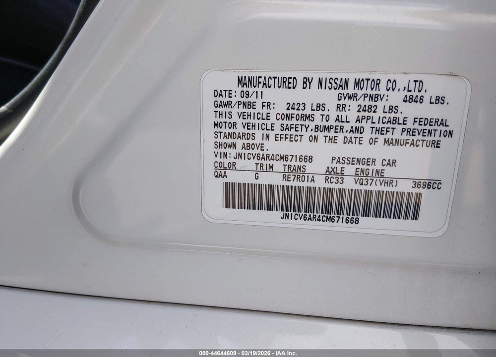 2012 INFINITI G37X VIN: JN1CV6AR4CM671668