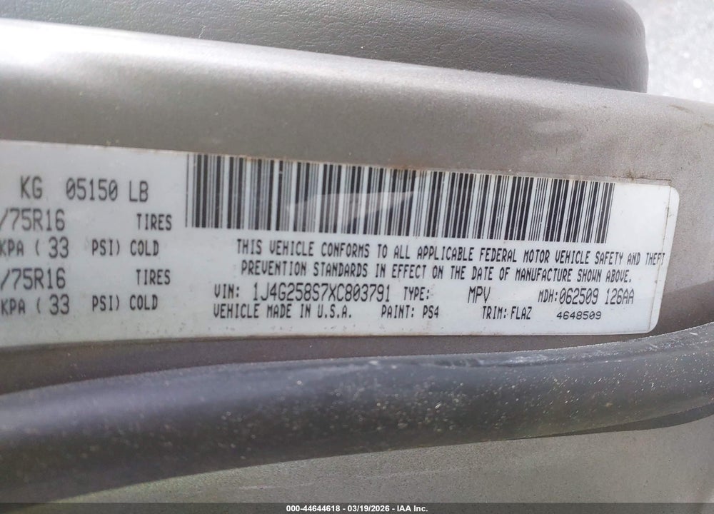 1999 JEEP GRAND CHEROKEE LAREDO VIN: 1J4G258S7XC803791